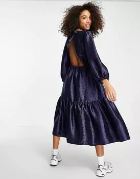 Темно-синее текстурированное жаккардовое платье миди премиум-класса Topshop