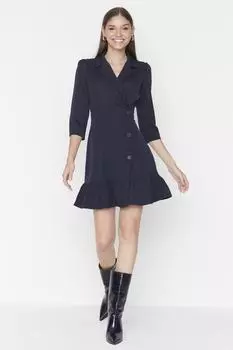 Темно-синее тканое платье с пуговицами Trendyol, темно-синий