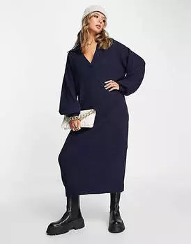 Темно-синее трикотажное платье макси с открытым воротником ASOS DESIGN
