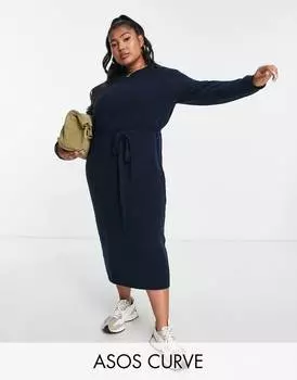 Темно-синее трикотажное платье миди с завязками на талии ASOS DESIGN Curve