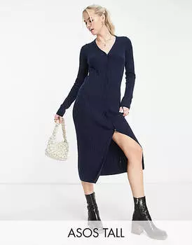 Темно-синее вязаное платье миди с застежкой-кнопкой ASOS DESIGN Tall