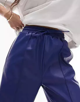 Темно-синие брюки прямого кроя из искусственной кожи Topshop