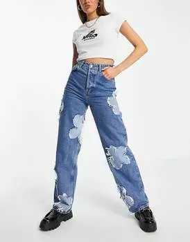 Темно-синие джинсы оверсайз Mom с цветочными нашивками Topshop