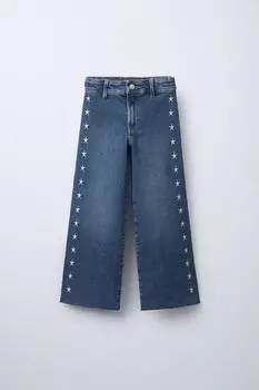 Темно-синие джинсы с вышитыми звездами ZARA, синий