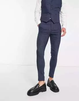 Темно-синие костюмные брюки из смесовой шерсти ASOS с рисунком "елочка"