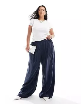 Темно-синие широкие брюки в рубчик ASOS DESIGN Curve