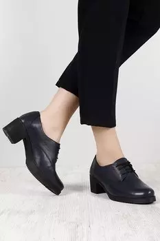 ТЕМНО-СИНИЕ женские туфли из натуральной кожи с круглым носком на среднем каблуке и шнуровке 24230 GNDER(R)