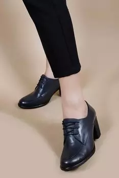 ТЕМНО-СИНИЕ женские туфли из натуральной кожи с круглым носком на толстом среднем каблуке и резиновой подошвой со шнуровкой 24071 GNDER(R)