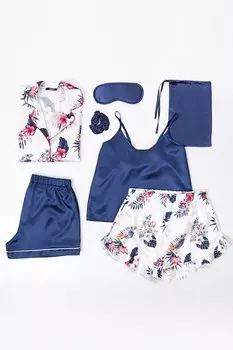 Темно-синий атласный пижамный комплект из 7 предметов с узором в виде листьев FOR YOU MODA