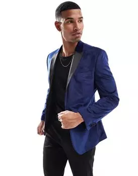 Темно-синий бархатный пиджак скинни ASOS DESIGN