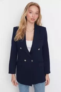 Темно-синий двубортный пиджак на тканой подкладке Trendyol