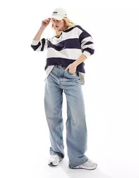 Темно-синий и белый топ в полоску с длинными рукавами Bershka