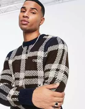 Темно-синий и коричневый джемпер в клетку оверсайз Jack & Jones Originals