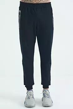 Темно-синий мужской спортивный костюм для бега с карманом на молнии и принтом стандартной формы TOMMYLIFE