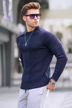 Темно-синий мужской свитер из трикотажа с рисунком 6836 MADMEXT
