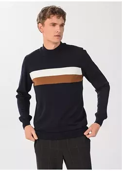 Темно-синий мужской свитер стандартного кроя с полуводолазкой и блочным узором People By Fabrika