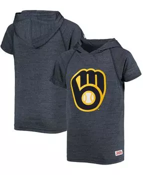 Темно-синий пуловер с капюшоном с короткими рукавами и регланами для мальчиков и девочек Milwaukee Brewers Stitches