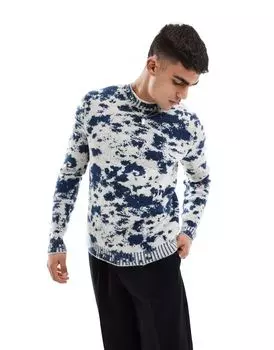 Темно-синий пушистый вязаный свитер с принтом тай-дай ASOS