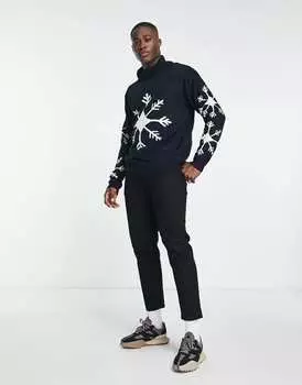 Темно-синий рождественский джемпер оверсайз с потертым хлопьями и высоким воротником