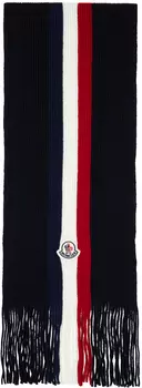 Темно-синий шерстяной трехцветный шарф Moncler