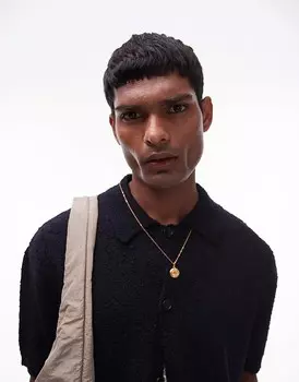 Темно-синий структурированный вязаный свитер Topman – с планкой на пуговицах