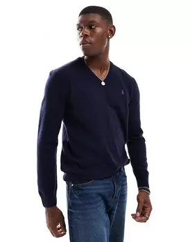 Темно-синий свитер из плотного хлопка Polo Ralph Lauren с v-образным вырезом и логотипом бренда