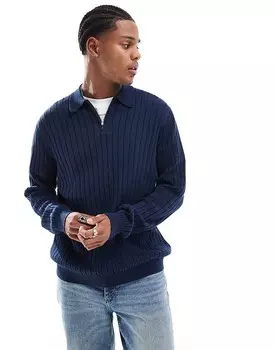 Темно-синий свитер-поло с молнией 1/2 в рубчик ASOS DESIGN Essential
