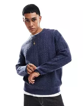 Темно-синий свободный свитер с круглым вырезом косой вязки ASOS DESIGN