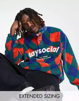 Темно-синий свободный свитшот с молнией на четверть ASOS Daysocial из флиса с волнистым принтом в клетку