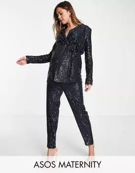 Темно-синий трикотажный пиджак с запахом и пайетками ASOS DESIGN Maternity