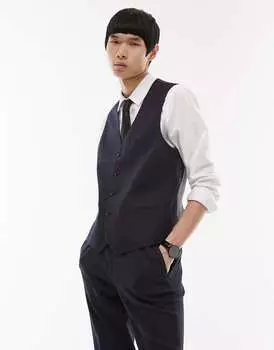 Темно-синий узкий фактурный жилет Topman