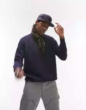 Темно-синий вязаный джемпер классического кроя в рыбацком стиле Topman