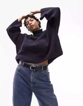 Темно-синий вязаный шерстяной джемпер Topshop Curve с высоким воротником и заниженными плечами