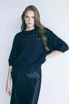 Темно-синий вязаный свитер с круглым вырезом в сетку Pieces of Melon