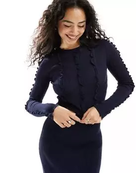 Темно-синий вязаный топ с рюшами и строчкой ASOS