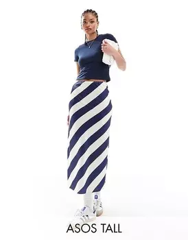 Темно-синяя атласная юбка-комбинация в полоску ASOS DESIGN Tall – косого кроя