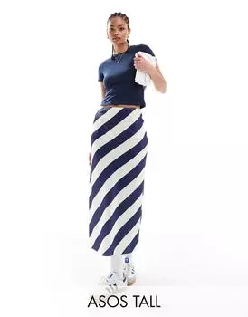 Темно-синяя атласная юбка миди в полоску ASOS DESIGN Tall
