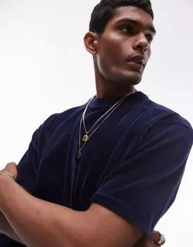 Темно-синяя бархатная вельветовая футболка оверсайз Topman