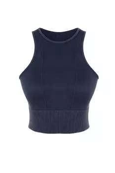 Темно-синяя бесшовная укороченная спортивная блузка с воротником-хомутом Trendyol, синий