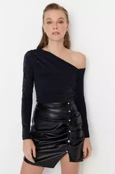 Темно-синяя блестящая блузка с одним рукавом Trendyol, темно-синий