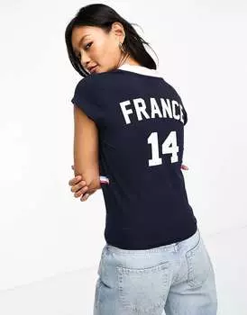 Темно-синяя детская футболка с v-образным вырезом и французским рисунком ASOS