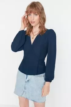 Темно-синяя двубортная тканая блузка Trendyol, темно-синий