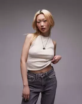 Темно-синяя футболка без рукавов в рубчик приталенного кроя Topshop