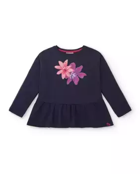 Темно-синяя футболка для девочки с цветочным орнаментом Tuc tuc