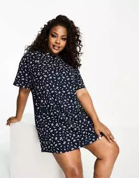Темно-синяя футболка для сна с принтом ASOS DESIGN Curve