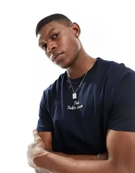 Темно-синяя футболка Polo Ralph Lauren классического оверсайз с логотипом в центре