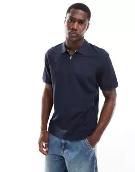 Темно-синяя футболка-поло с фактурной молнией Jack & Jones Premium