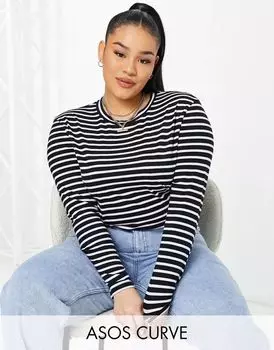 Темно-синяя футболка с длинными рукавами и полосками ASOS Curve