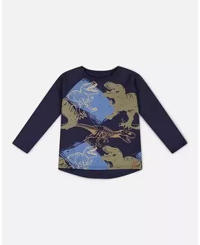 Темно-синяя футболка с принтом динозавра Big Boys реглан Deux Par Deux, синий