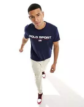Темно-синяя футболка свободного кроя с капсульным флагом и логотипом Polo Ralph Lauren Sports